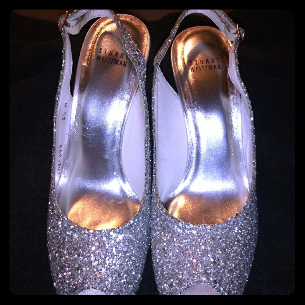 Stuart Weitzman Silver Glitter Platform High Heels